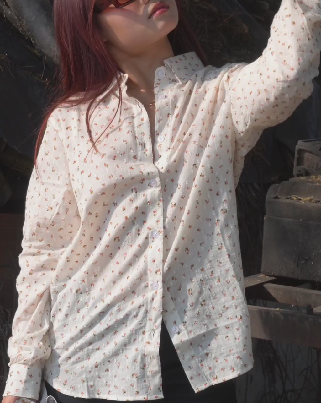 Khandaani Cream Floral Cotton Shirt for Women