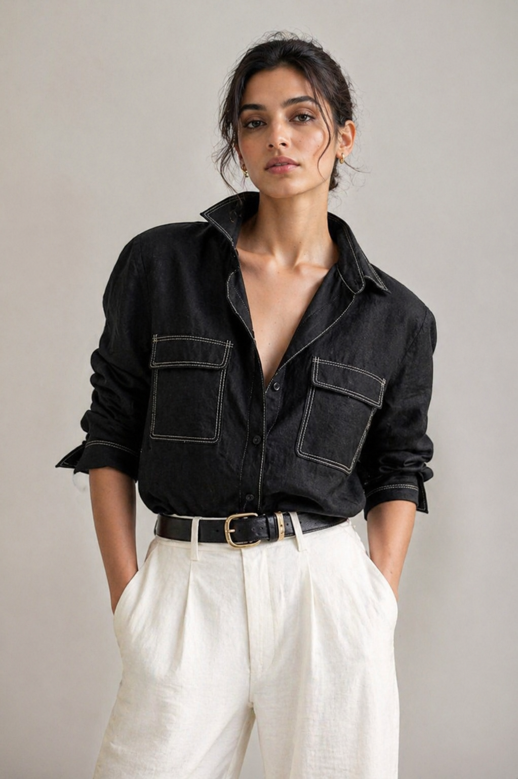 Black Utility Linen Shirt